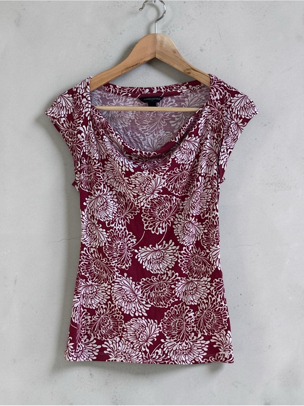 Classic Burgundy & White Floral Cowl Neck Cap Sleeve Top Cottagecore